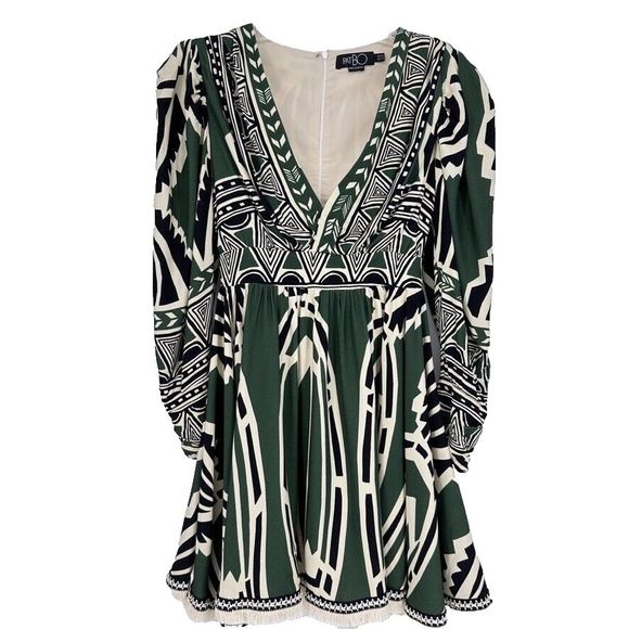 PatBO Dress Size 0 V-Neck Fit Flare Fringe Trim Emerald Green Ivory Print - Picture 5 of 16